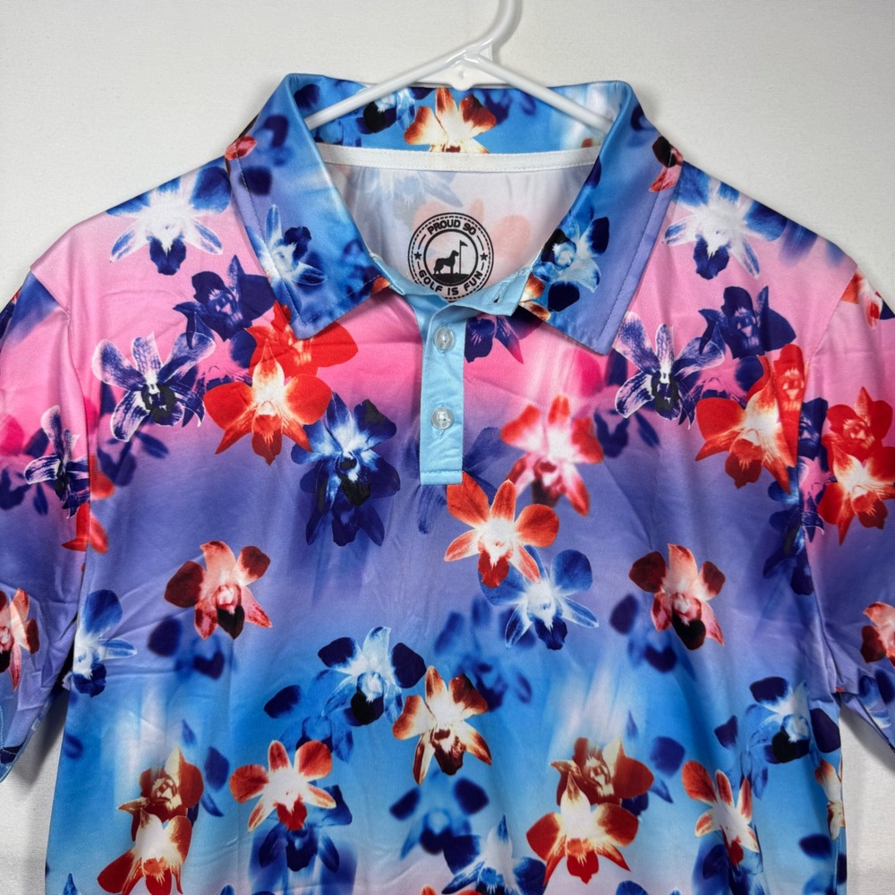 Proud 90 Golf Is Fun Floral Print Polo Shirt Men's Size‎ S Short Sleeve